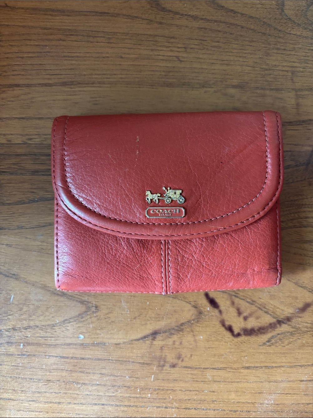 Coach Red Leather Small Trifold Wallet with Gold Hardware
